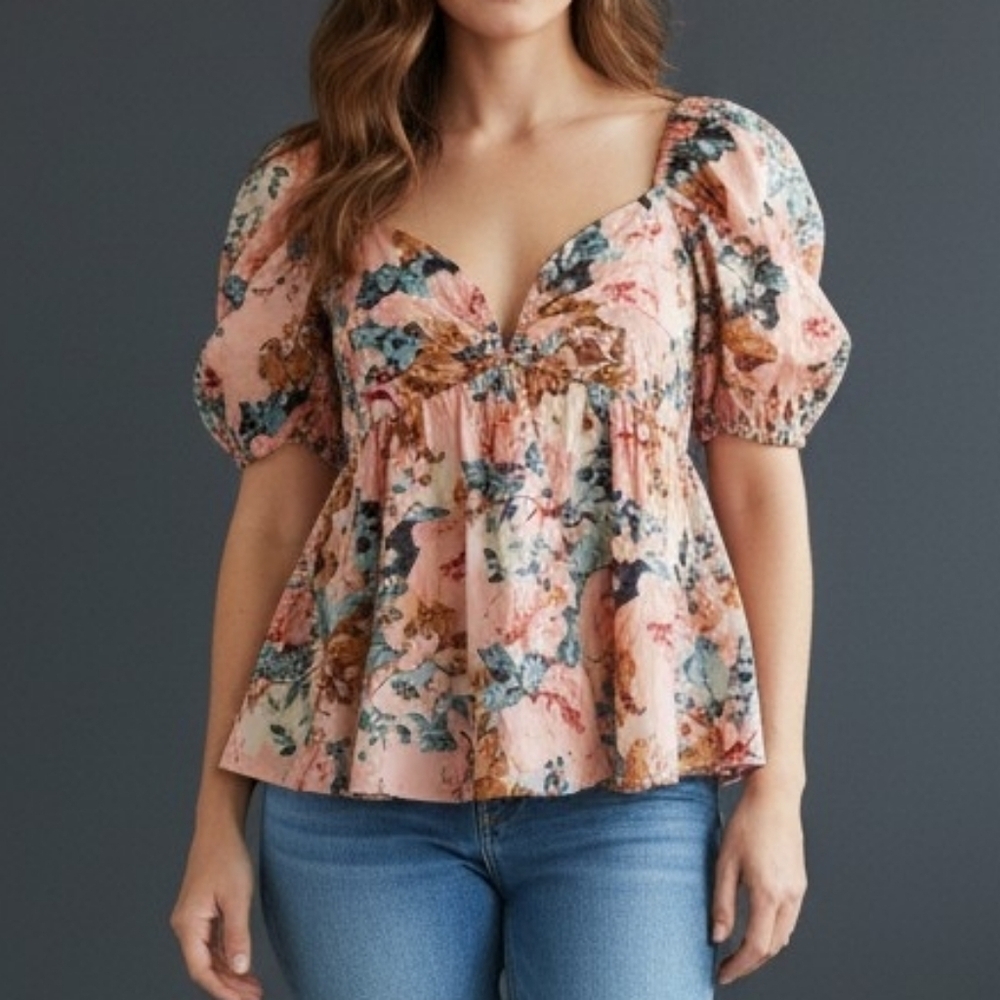 Buddy LOVE Pink Fleurish Sweetheart Puff Sleeve Peplum Coquette Castlecore Top